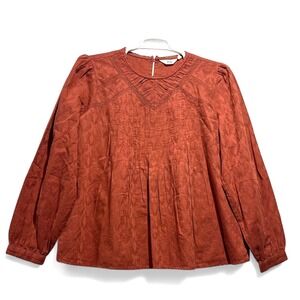 Me by Jennie Garth Women L Rust Jacquard Lace Trim Pleated Boho Peasant Blouse